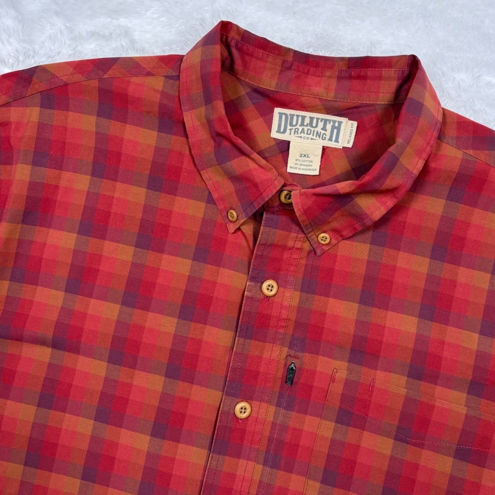 Duluth Trading Fishing Shirt Mens 2XL Red Plaid Relaxed Fit Stretch Short Sleeve
